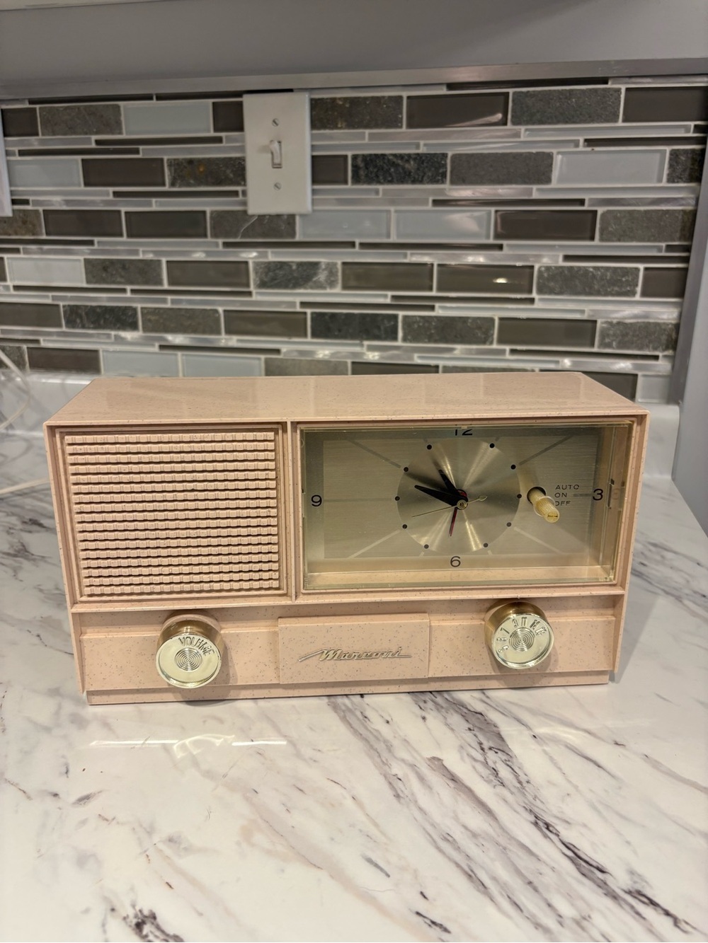 Vintage Marconi Clock Radio 491 Pink Speckled Canadian made 1965